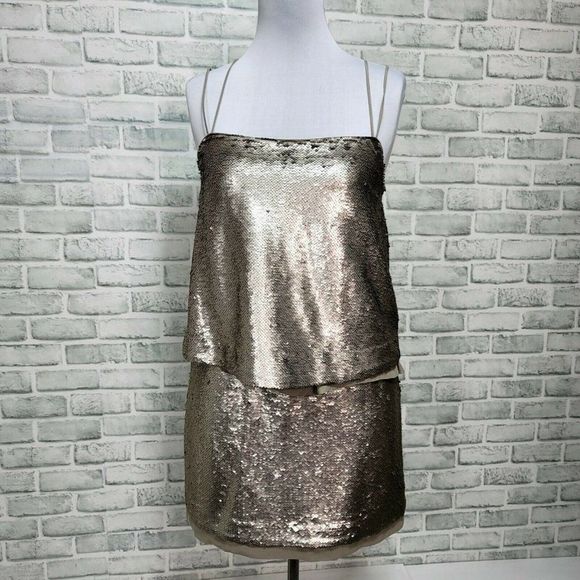 Banana‎ Republic Womens Petite 12 Grey Sequin Tiered Cocktail Evening Dress - Picture 1 of 14